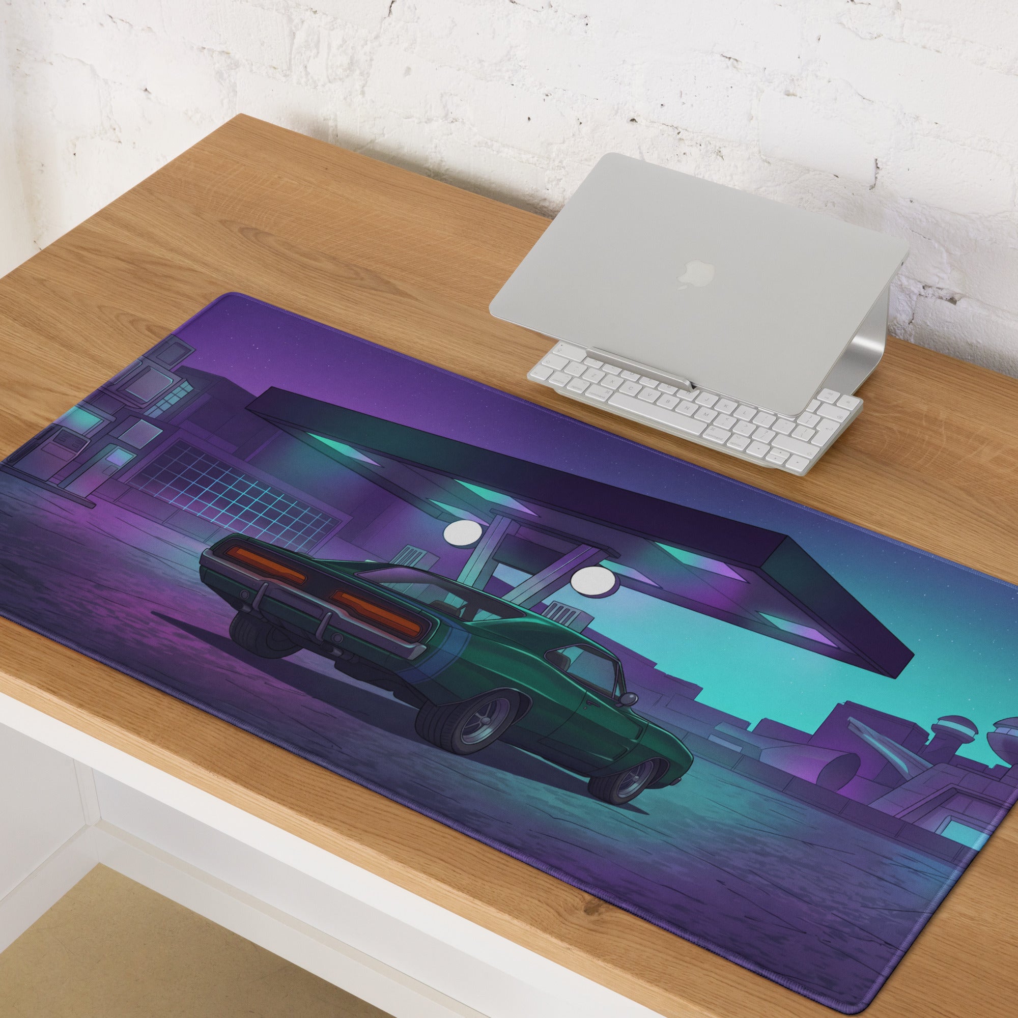 Dodge Challenger Inspired Green Purple Vaporwave Gaming Mouse Pad, Neon Retro Garage Desk Mat with Moody Classic Muscle Car Artwork