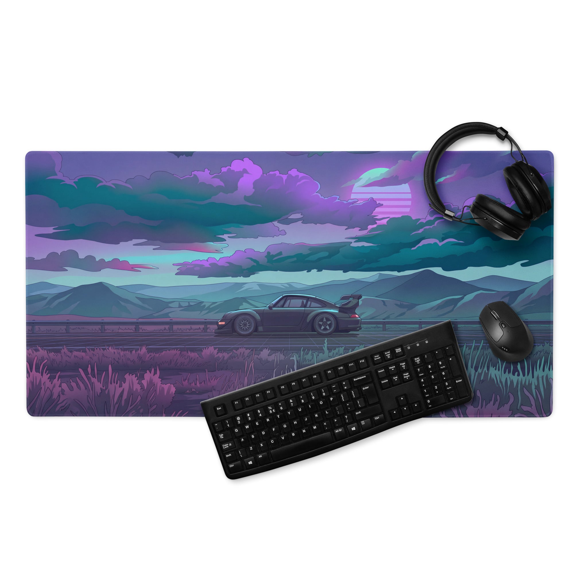 Porsche 911 964 RWB Inspired Purple Teal Vaporwave Gaming Mouse Pad, Moody Mountain Road Desk Mat with Retro Futuristic Widebody Car Artwork