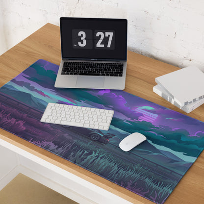 Porsche 911 964 RWB Inspired Purple Teal Vaporwave Gaming Mouse Pad, Moody Mountain Road Desk Mat with Retro Futuristic Widebody Car Artwork