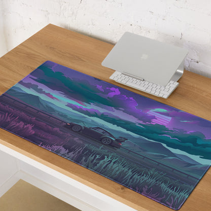 Porsche 911 964 RWB Inspired Purple Teal Vaporwave Gaming Mouse Pad, Moody Mountain Road Desk Mat with Retro Futuristic Widebody Car Artwork