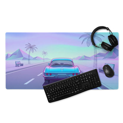 Chevrolet Corvette C1 Inspired Blue Pink Vaporwave Gaming Mouse Pad, Pastel Neon Highway Desk Mat with Retro Futuristic Classic Car Artwork
