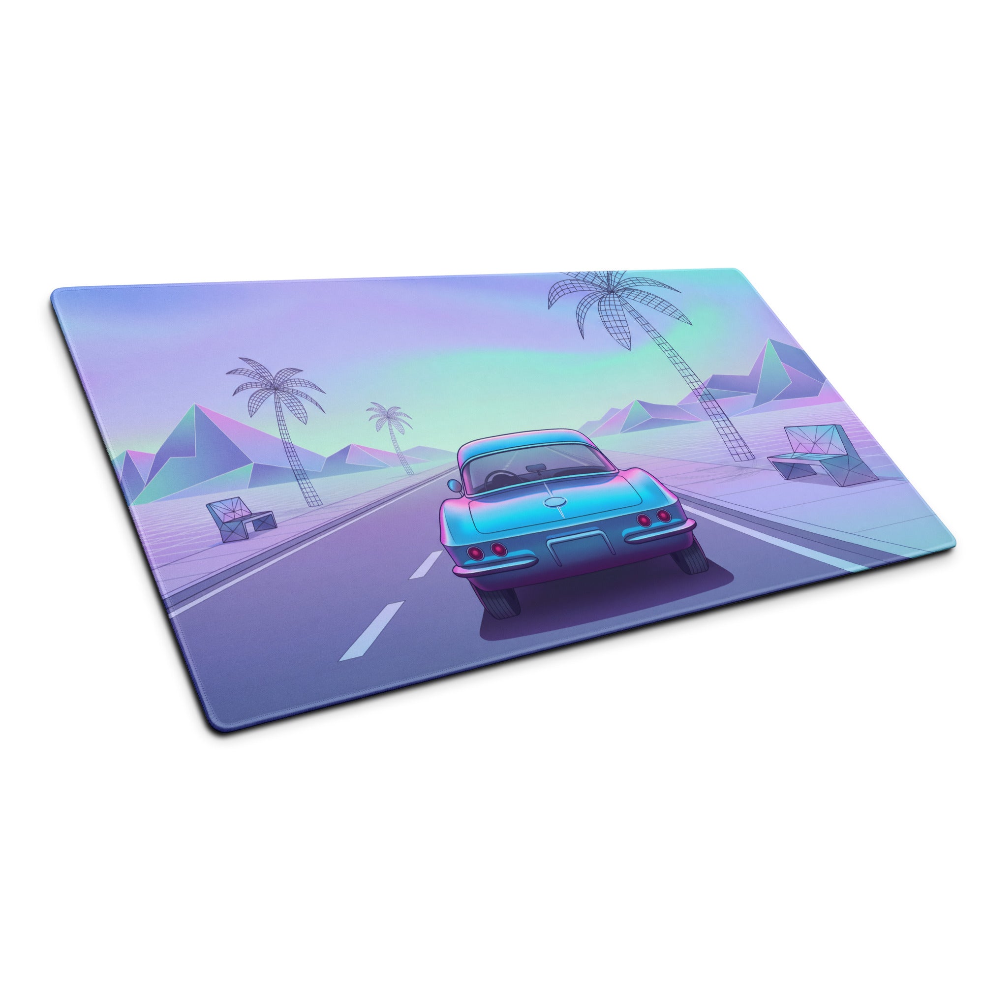 Chevrolet Corvette C1 Inspired Blue Pink Vaporwave Gaming Mouse Pad, Pastel Neon Highway Desk Mat with Retro Futuristic Classic Car Artwork