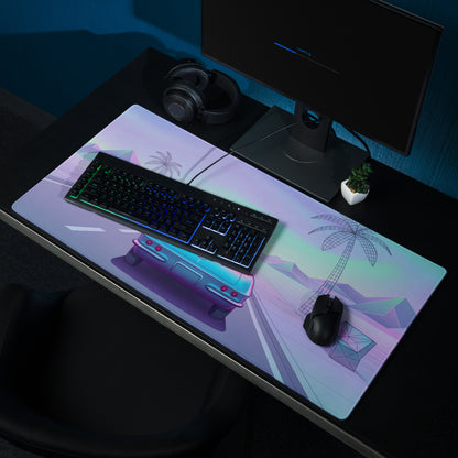 Chevrolet Corvette C1 Inspired Blue Pink Vaporwave Gaming Mouse Pad, Pastel Neon Highway Desk Mat with Retro Futuristic Classic Car Artwork