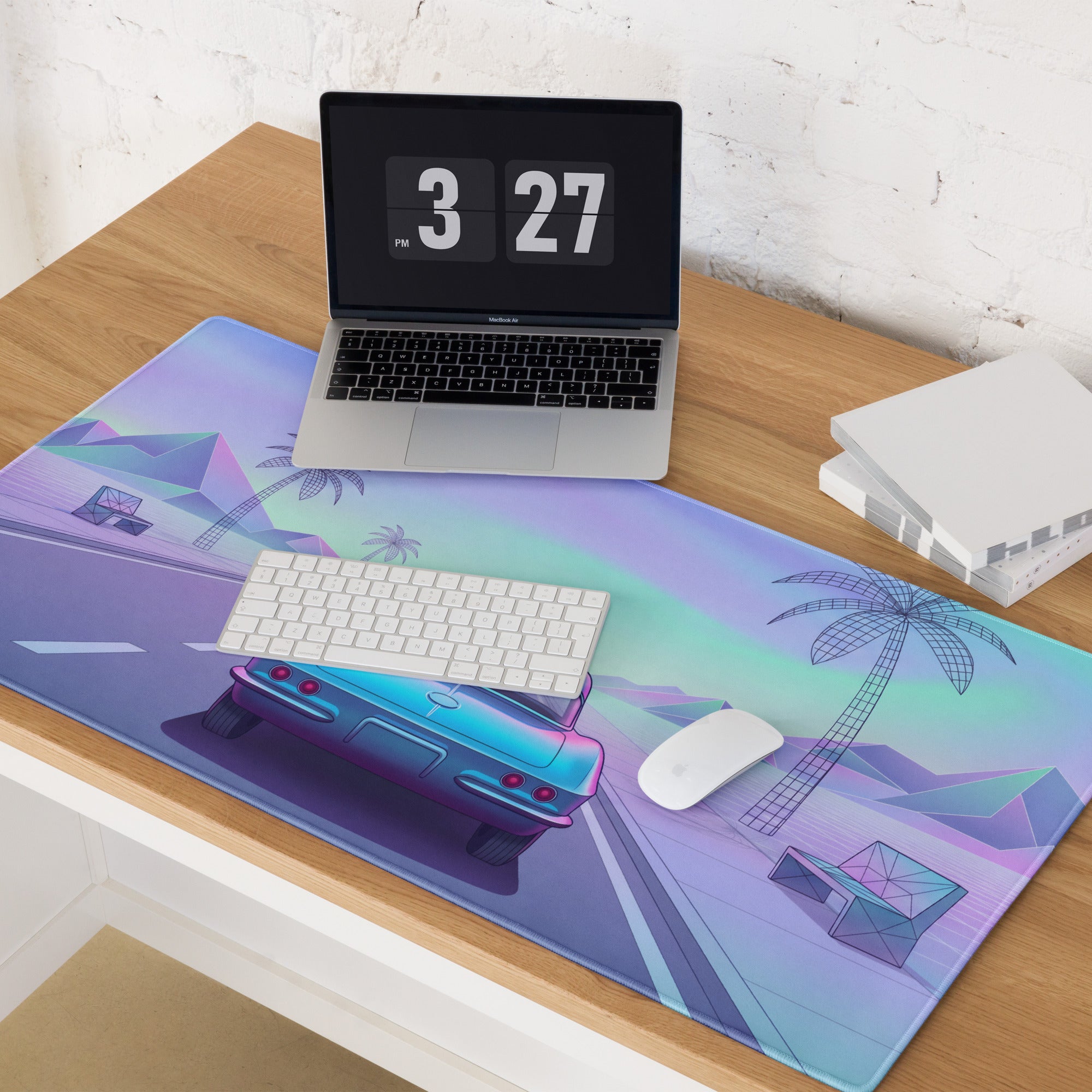 Chevrolet Corvette C1 Inspired Blue Pink Vaporwave Gaming Mouse Pad, Pastel Neon Highway Desk Mat with Retro Futuristic Classic Car Artwork