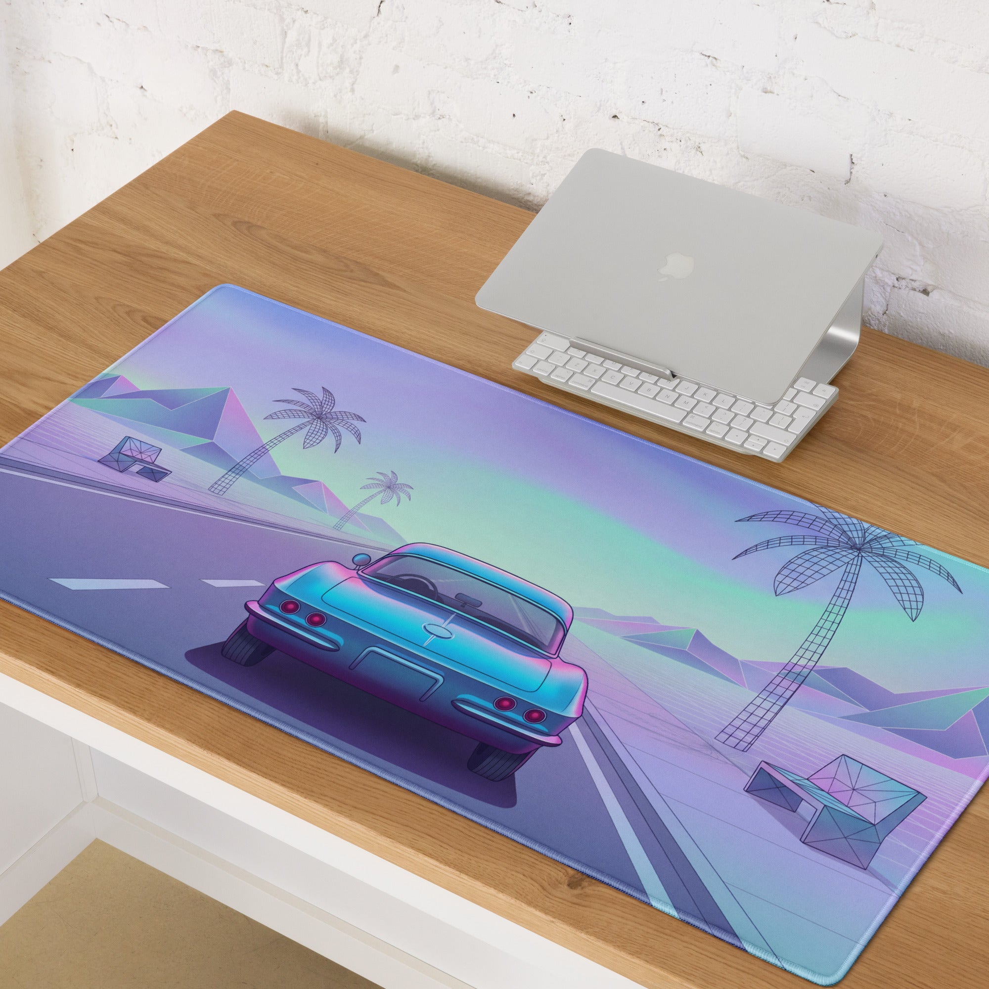 Chevrolet Corvette C1 Inspired Blue Pink Vaporwave Gaming Mouse Pad, Pastel Neon Highway Desk Mat with Retro Futuristic Classic Car Artwork