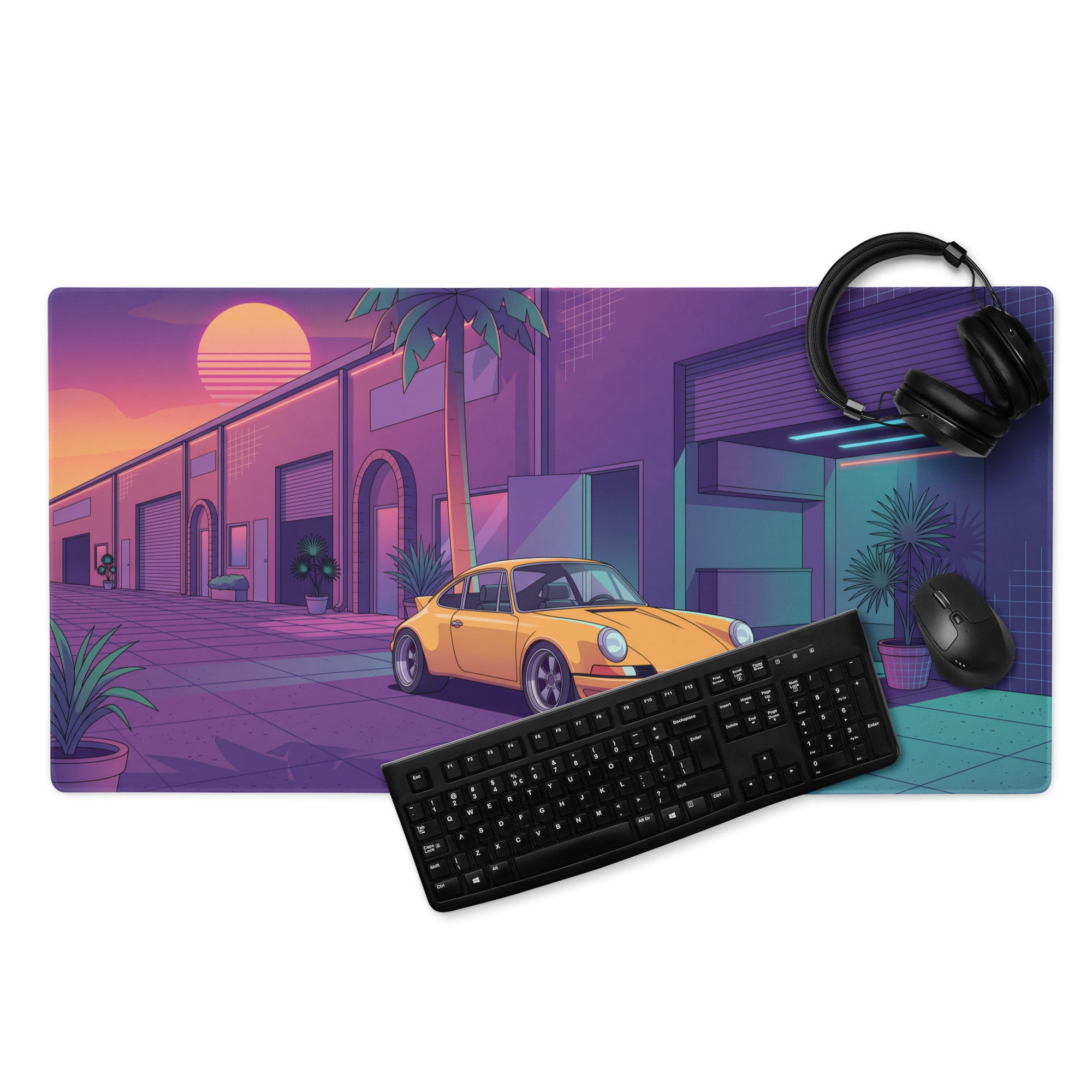 Porsche 911 964 Inspired Orange Purple Vaporwave Gaming Mouse Pad, Neon Miami Street Desk Mat with Retro Futuristic Classic Sports Car Artwork