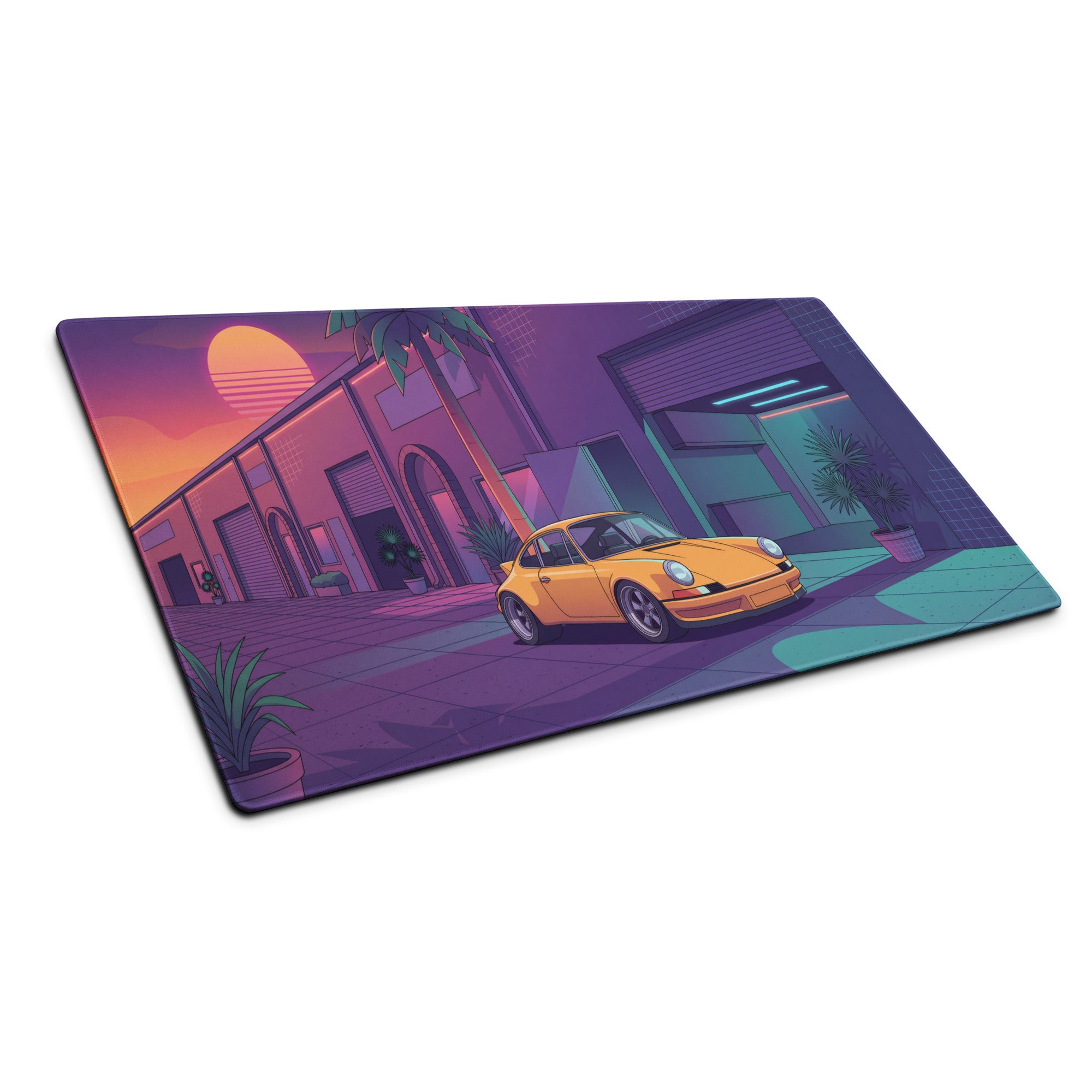 Porsche 911 964 Inspired Orange Purple Vaporwave Gaming Mouse Pad, Neon Miami Street Desk Mat with Retro Futuristic Classic Sports Car Artwork