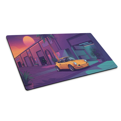 Porsche 911 964 Inspired Orange Purple Vaporwave Gaming Mouse Pad, Neon Miami Street Desk Mat with Retro Futuristic Classic Sports Car Artwork