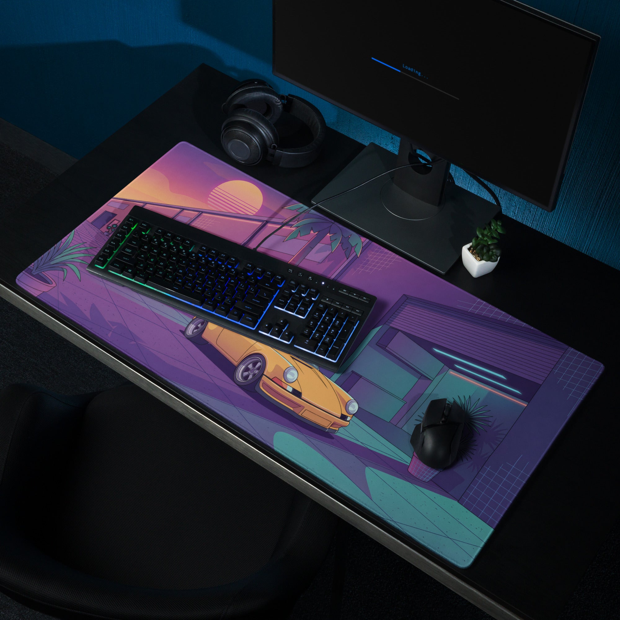 Porsche 911 964 Inspired Orange Purple Vaporwave Gaming Mouse Pad, Neon Miami Street Desk Mat with Retro Futuristic Classic Sports Car Artwork