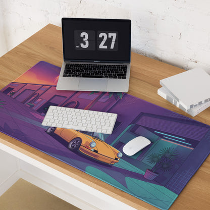 Porsche 911 964 Inspired Orange Purple Vaporwave Gaming Mouse Pad, Neon Miami Street Desk Mat with Retro Futuristic Classic Sports Car Artwork