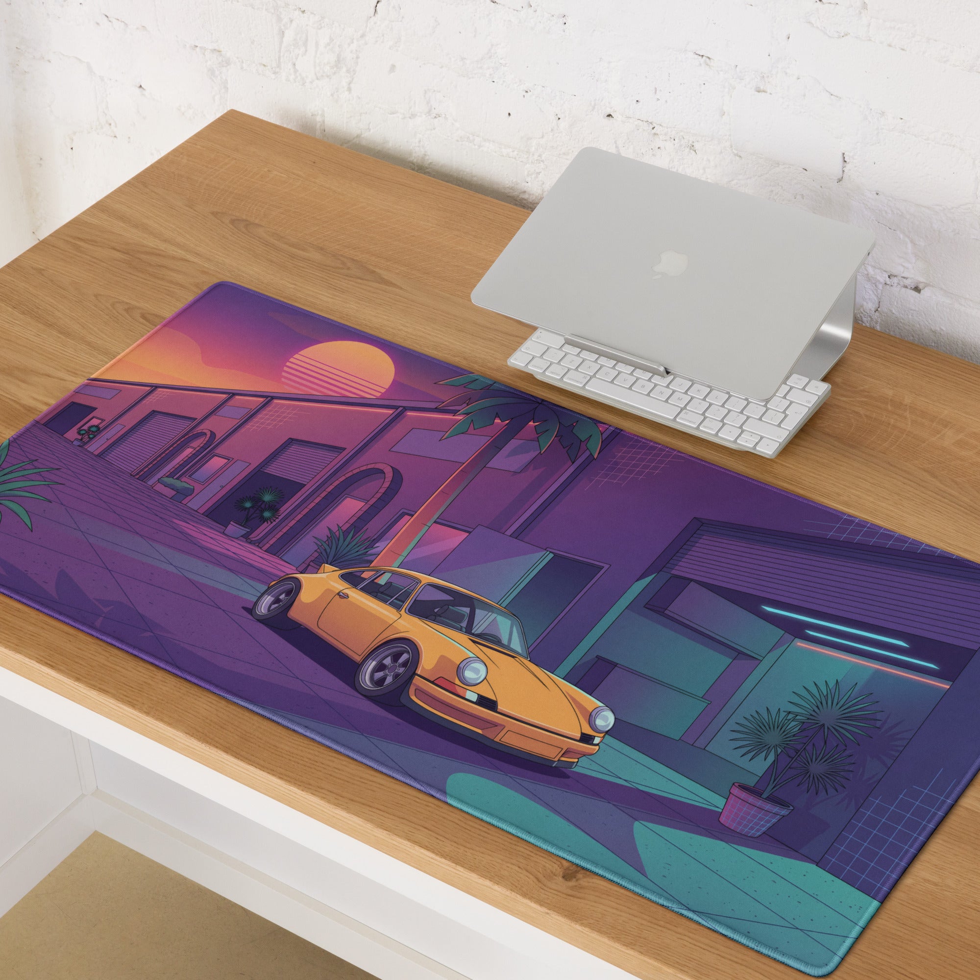 Porsche 911 964 Inspired Orange Purple Vaporwave Gaming Mouse Pad, Neon Miami Street Desk Mat with Retro Futuristic Classic Sports Car Artwork