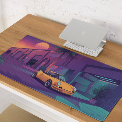 Porsche 911 964 Inspired Orange Purple Vaporwave Gaming Mouse Pad, Neon Miami Street Desk Mat with Retro Futuristic Classic Sports Car Artwork