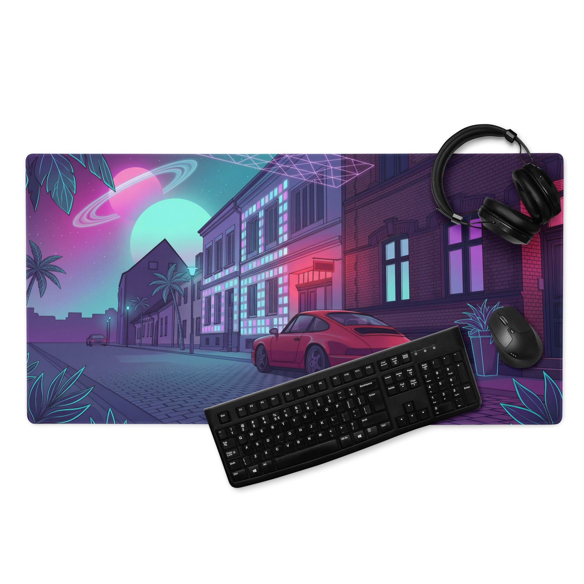 Porsche 911 964 Inspired Red Purple Vaporwave Gaming Mouse Pad, Neon City Street Desk Mat with Retro Futuristic Sports Car Artwork