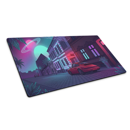 Porsche 911 964 Inspired Red Purple Vaporwave Gaming Mouse Pad, Neon City Street Desk Mat with Retro Futuristic Sports Car Artwork