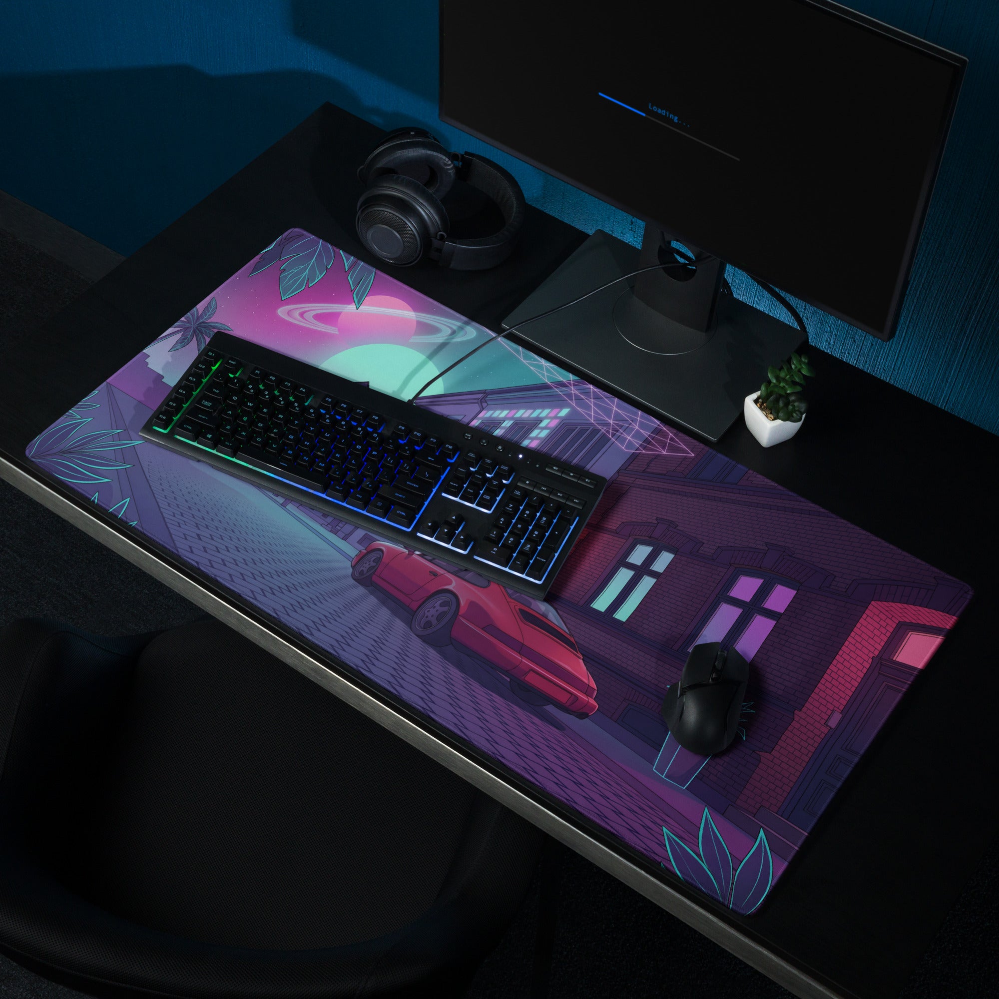 Porsche 911 964 Inspired Red Purple Vaporwave Gaming Mouse Pad, Neon City Street Desk Mat with Retro Futuristic Sports Car Artwork