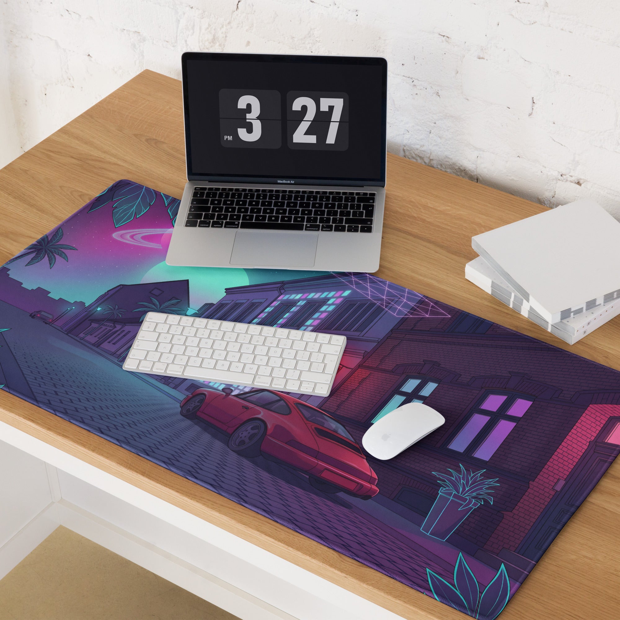 Porsche 911 964 Inspired Red Purple Vaporwave Gaming Mouse Pad, Neon City Street Desk Mat with Retro Futuristic Sports Car Artwork
