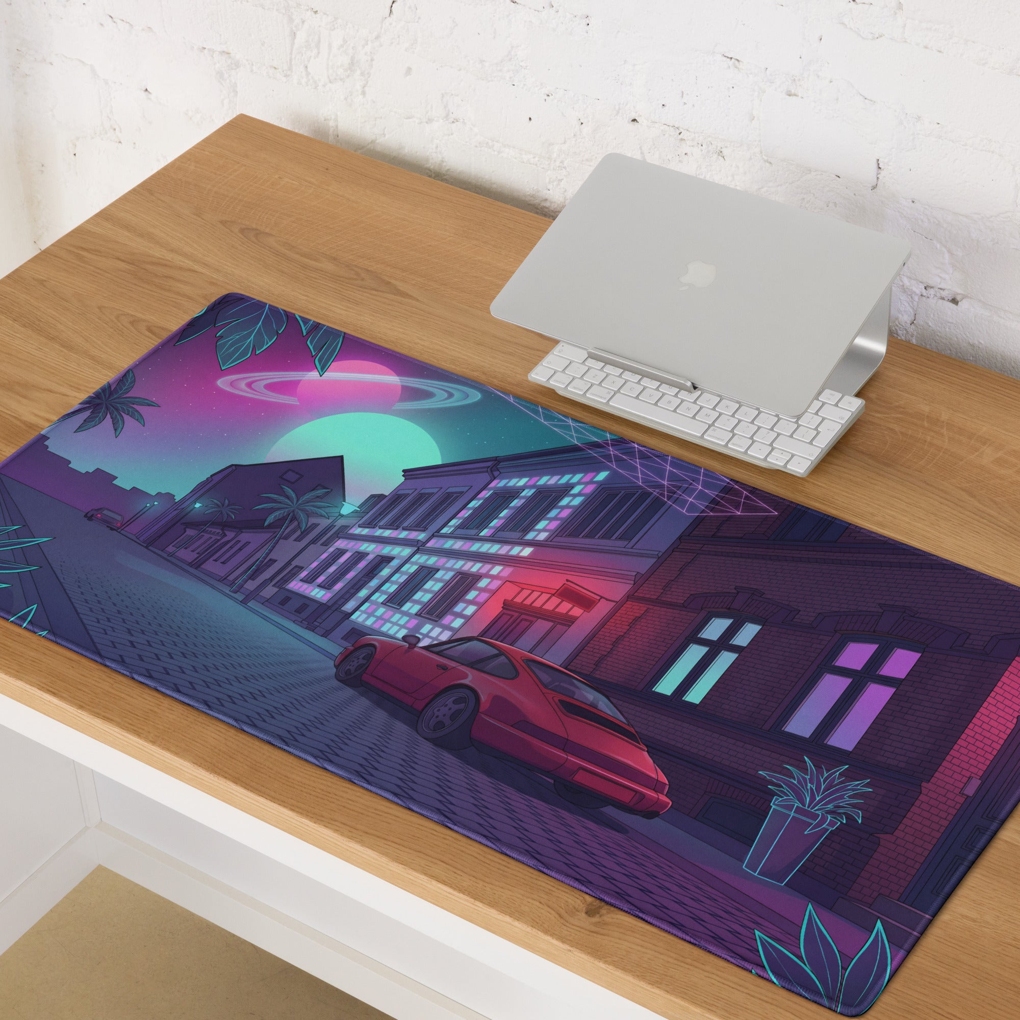 Porsche 911 964 Inspired Red Purple Vaporwave Gaming Mouse Pad, Neon City Street Desk Mat with Retro Futuristic Sports Car Artwork