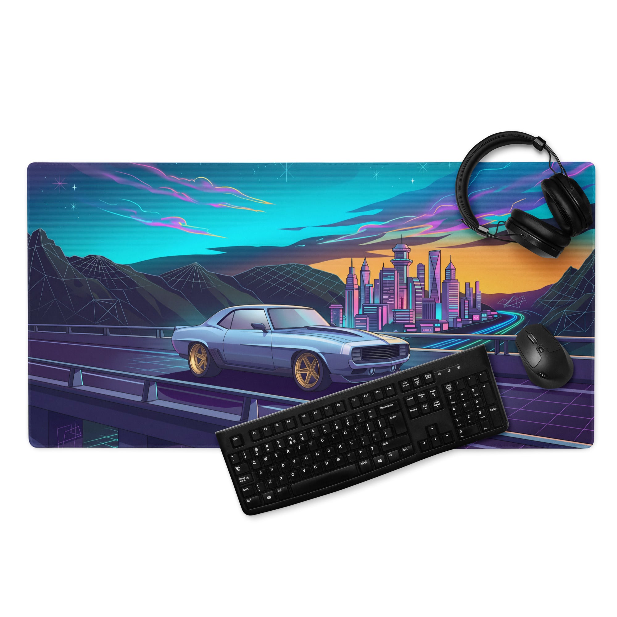 Chevrolet Camaro 1969 Inspired Blue Gold Vaporwave Gaming Mouse Pad, Neon Futuristic City Desk Mat with Retro Muscle Car Artwork