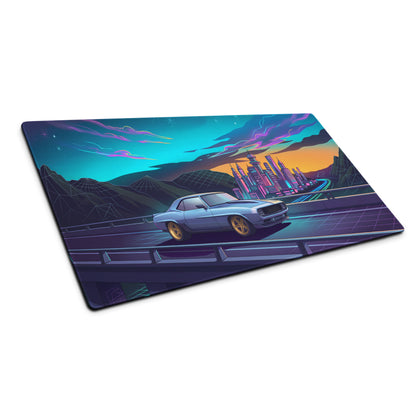 Chevrolet Camaro 1969 Inspired Blue Gold Vaporwave Gaming Mouse Pad, Neon Futuristic City Desk Mat with Retro Muscle Car Artwork