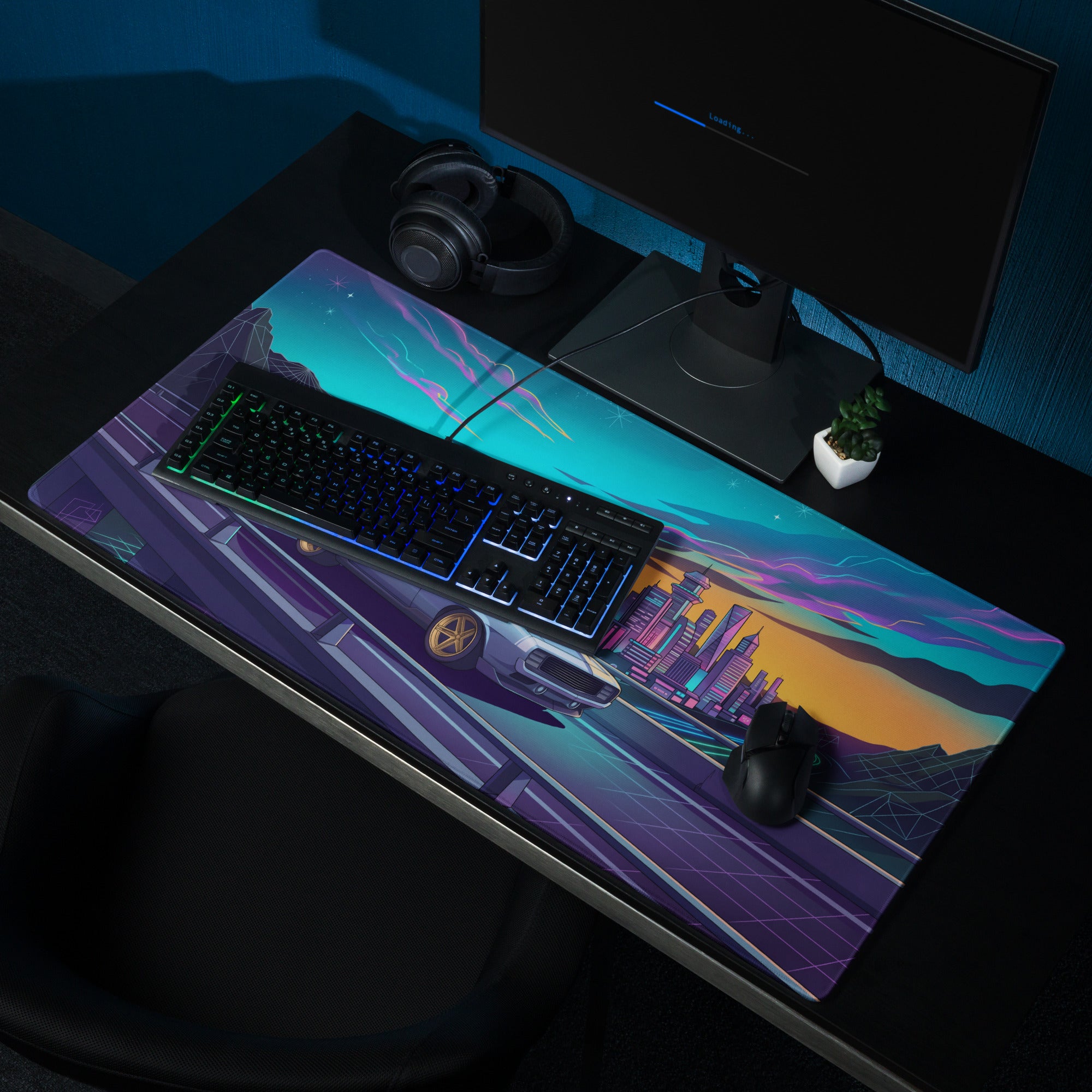 Chevrolet Camaro 1969 Inspired Blue Gold Vaporwave Gaming Mouse Pad, Neon Futuristic City Desk Mat with Retro Muscle Car Artwork