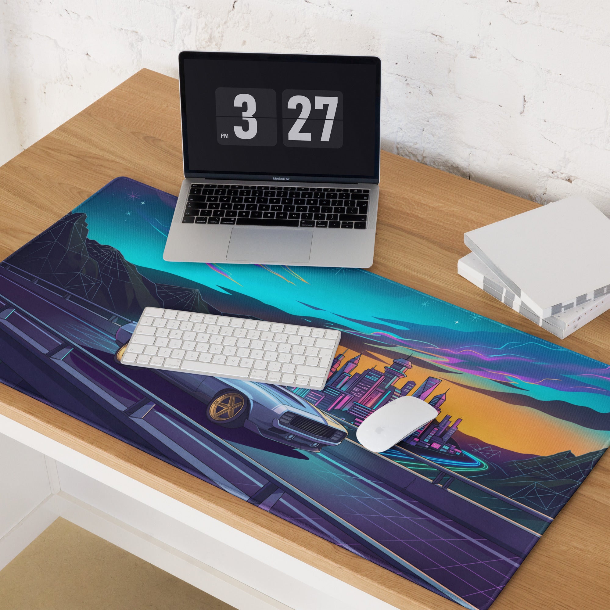 Chevrolet Camaro 1969 Inspired Blue Gold Vaporwave Gaming Mouse Pad, Neon Futuristic City Desk Mat with Retro Muscle Car Artwork