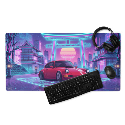 Porsche 911 964 Inspired Red Blue Vaporwave Gaming Mouse Pad, Neon Tokyo Street Desk Mat with Retro Futuristic Japanese Car Artwork