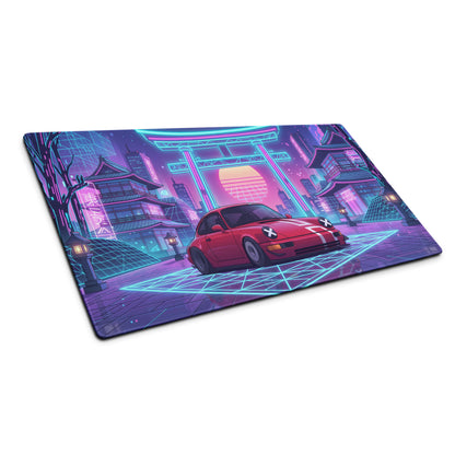 Porsche 911 964 Inspired Red Blue Vaporwave Gaming Mouse Pad, Neon Tokyo Street Desk Mat with Retro Futuristic Japanese Car Artwork