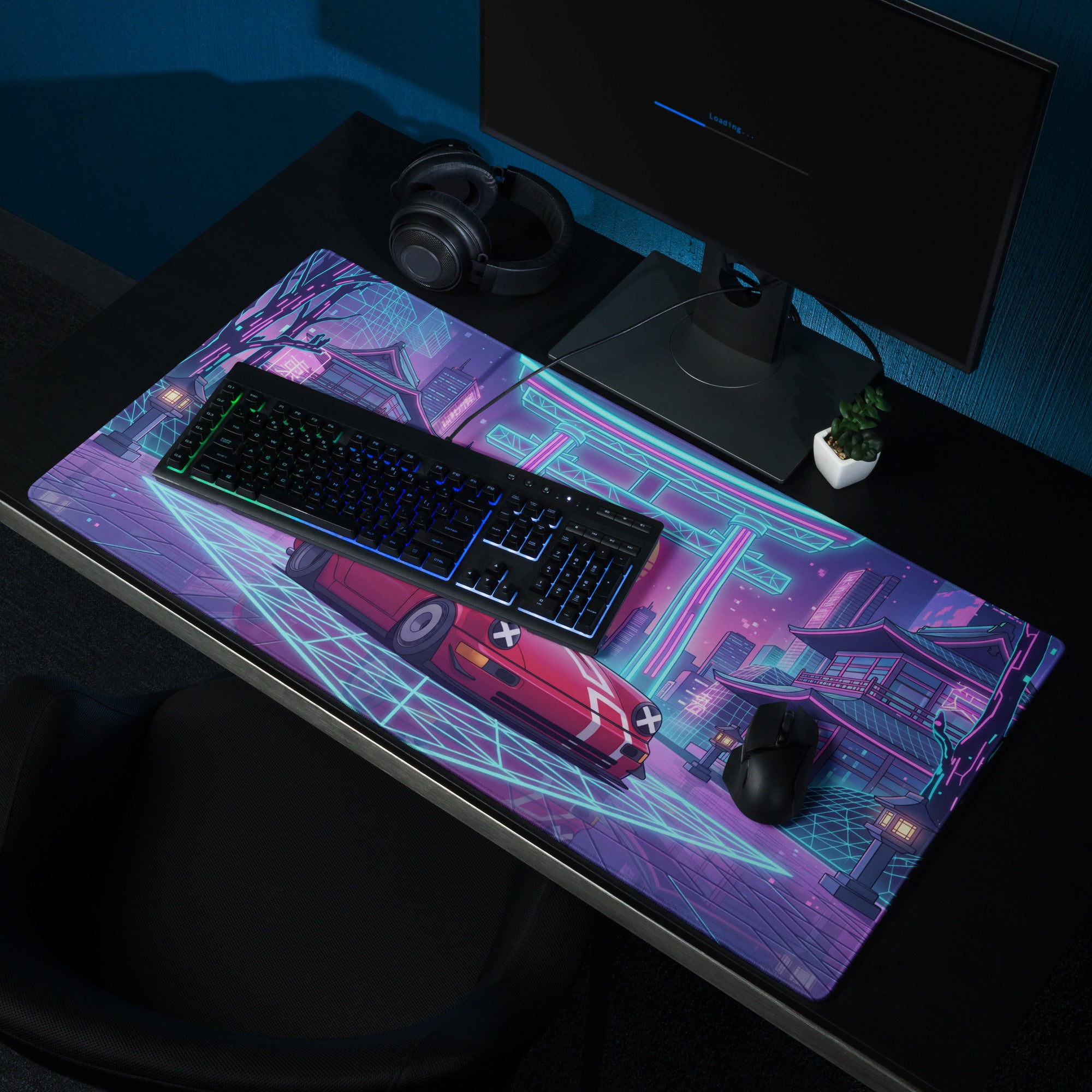 Porsche 911 964 Inspired Red Blue Vaporwave Gaming Mouse Pad, Neon Tokyo Street Desk Mat with Retro Futuristic Japanese Car Artwork