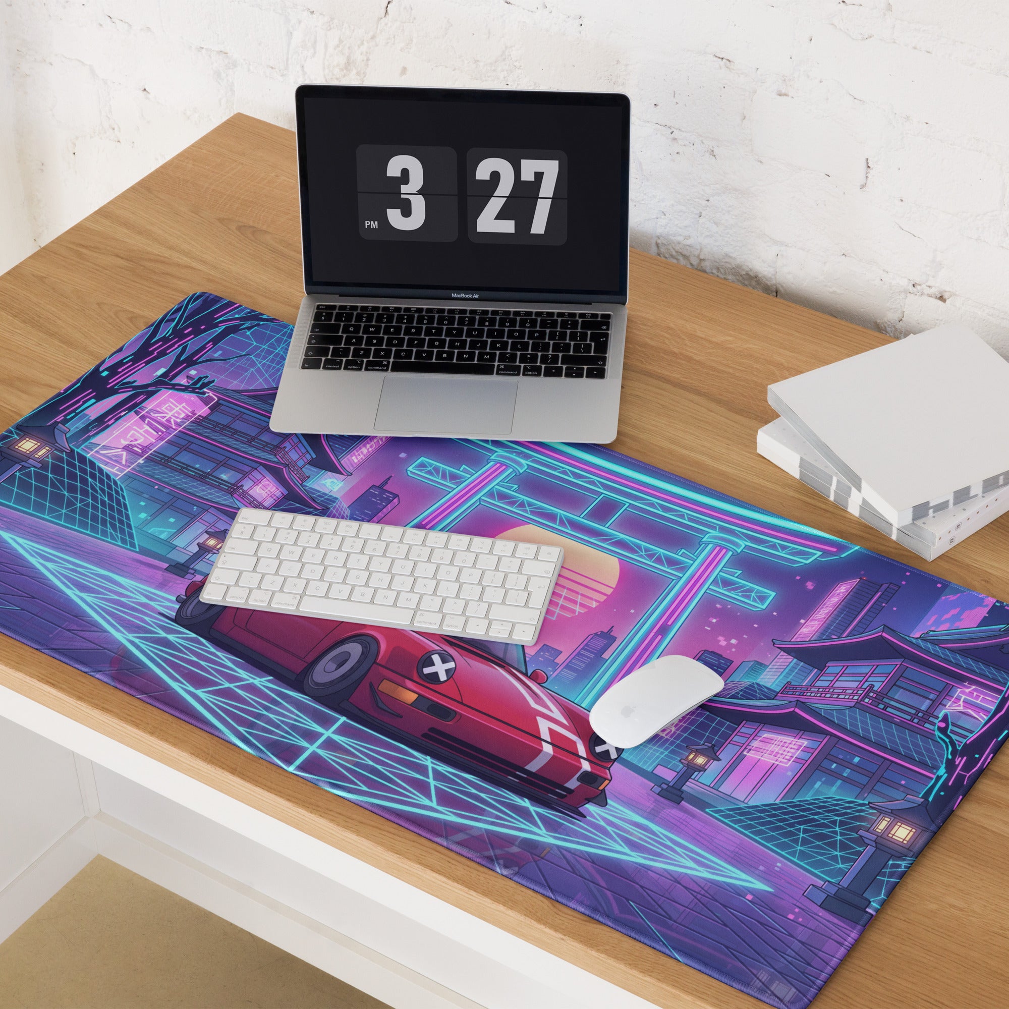 Porsche 911 964 Inspired Red Blue Vaporwave Gaming Mouse Pad, Neon Tokyo Street Desk Mat with Retro Futuristic Japanese Car Artwork