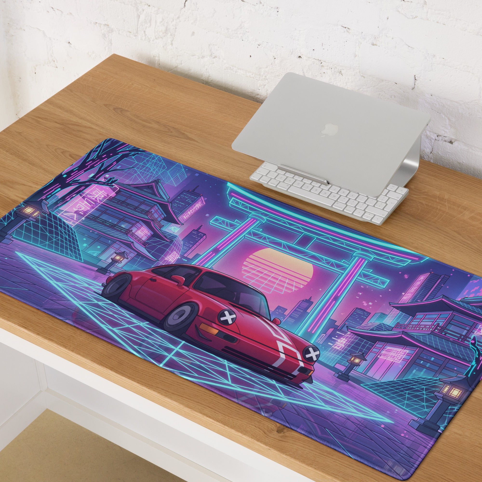 Porsche 911 964 Inspired Red Blue Vaporwave Gaming Mouse Pad, Neon Tokyo Street Desk Mat with Retro Futuristic Japanese Car Artwork