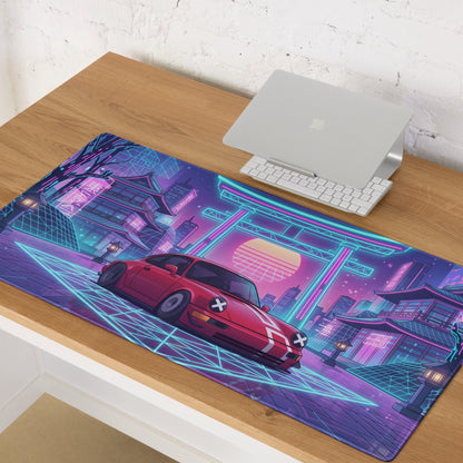 Porsche 911 964 Inspired Red Blue Vaporwave Gaming Mouse Pad, Neon Tokyo Street Desk Mat with Retro Futuristic Japanese Car Artwork
