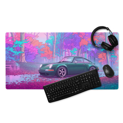 Porsche 911 964 Inspired Green Pink Vaporwave Gaming Mouse Pad, Neon Forest Desk Mat with Retro Futuristic Classic Sports Car Artwork