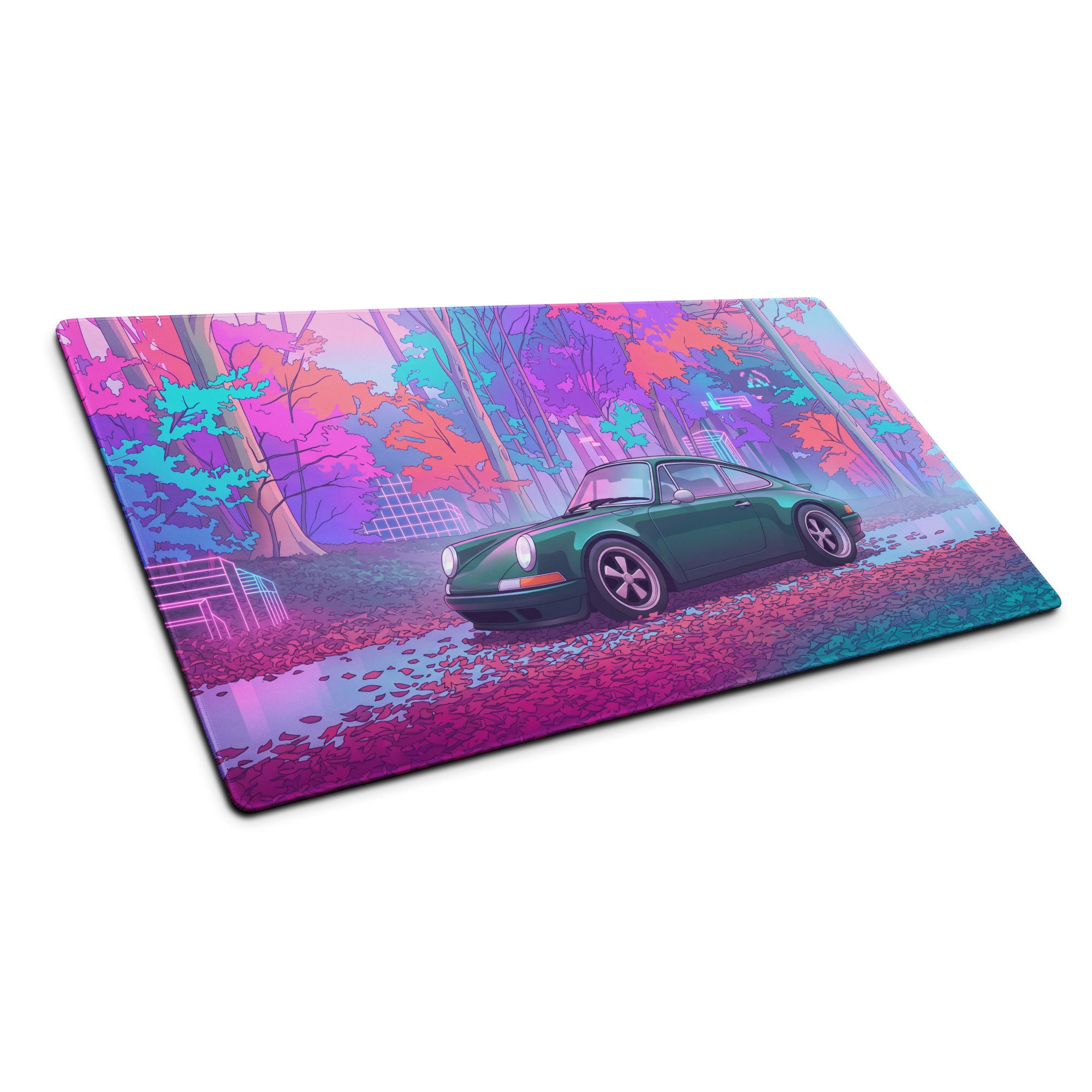 Porsche 911 964 Inspired Green Pink Vaporwave Gaming Mouse Pad, Neon Forest Desk Mat with Retro Futuristic Classic Sports Car Artwork