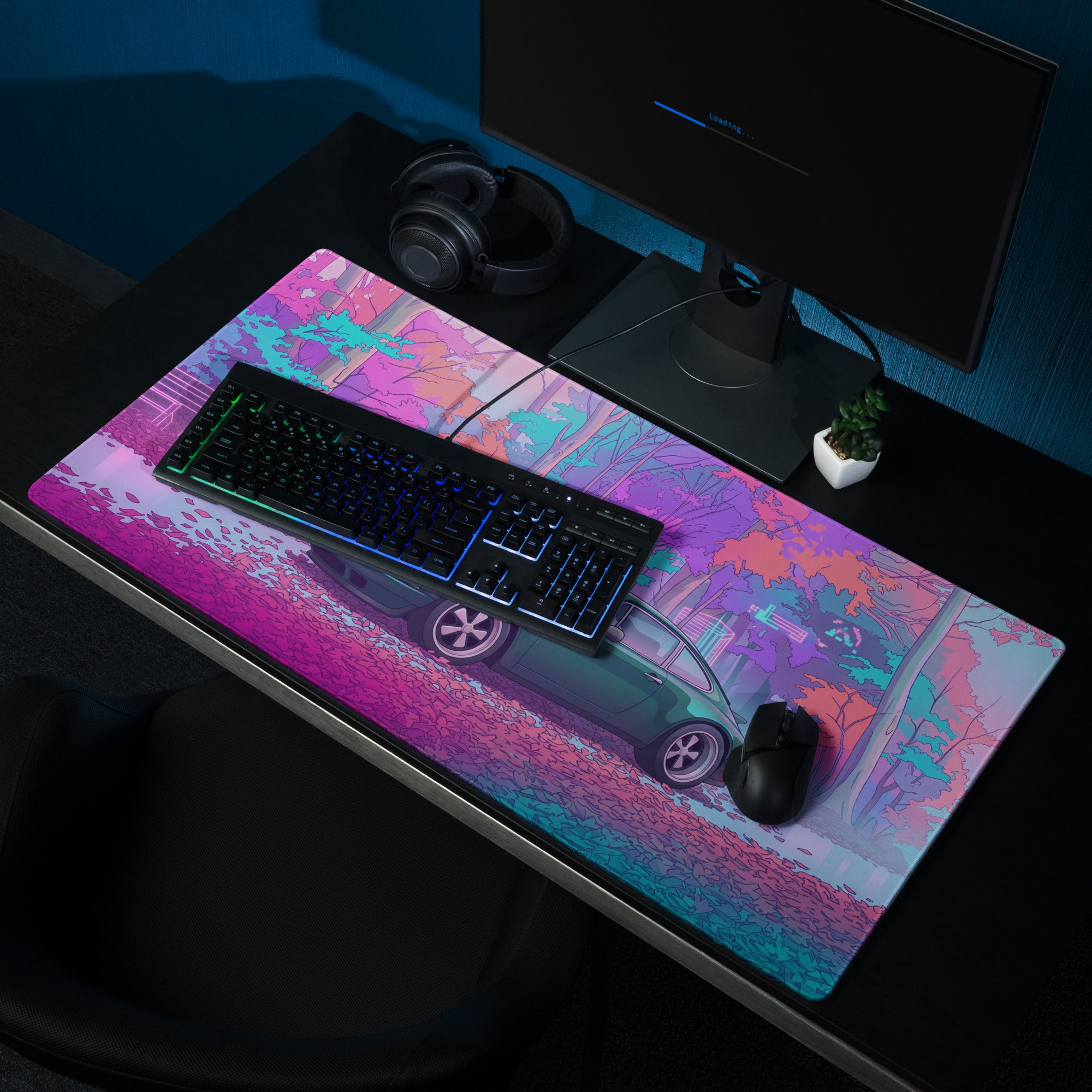 Porsche 911 964 Inspired Green Pink Vaporwave Gaming Mouse Pad, Neon Forest Desk Mat with Retro Futuristic Classic Sports Car Artwork