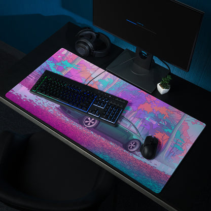 Porsche 911 964 Inspired Green Pink Vaporwave Gaming Mouse Pad, Neon Forest Desk Mat with Retro Futuristic Classic Sports Car Artwork