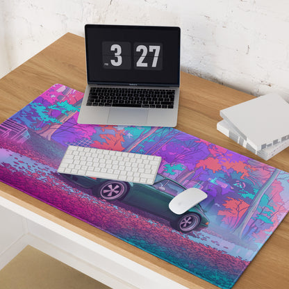 Porsche 911 964 Inspired Green Pink Vaporwave Gaming Mouse Pad, Neon Forest Desk Mat with Retro Futuristic Classic Sports Car Artwork