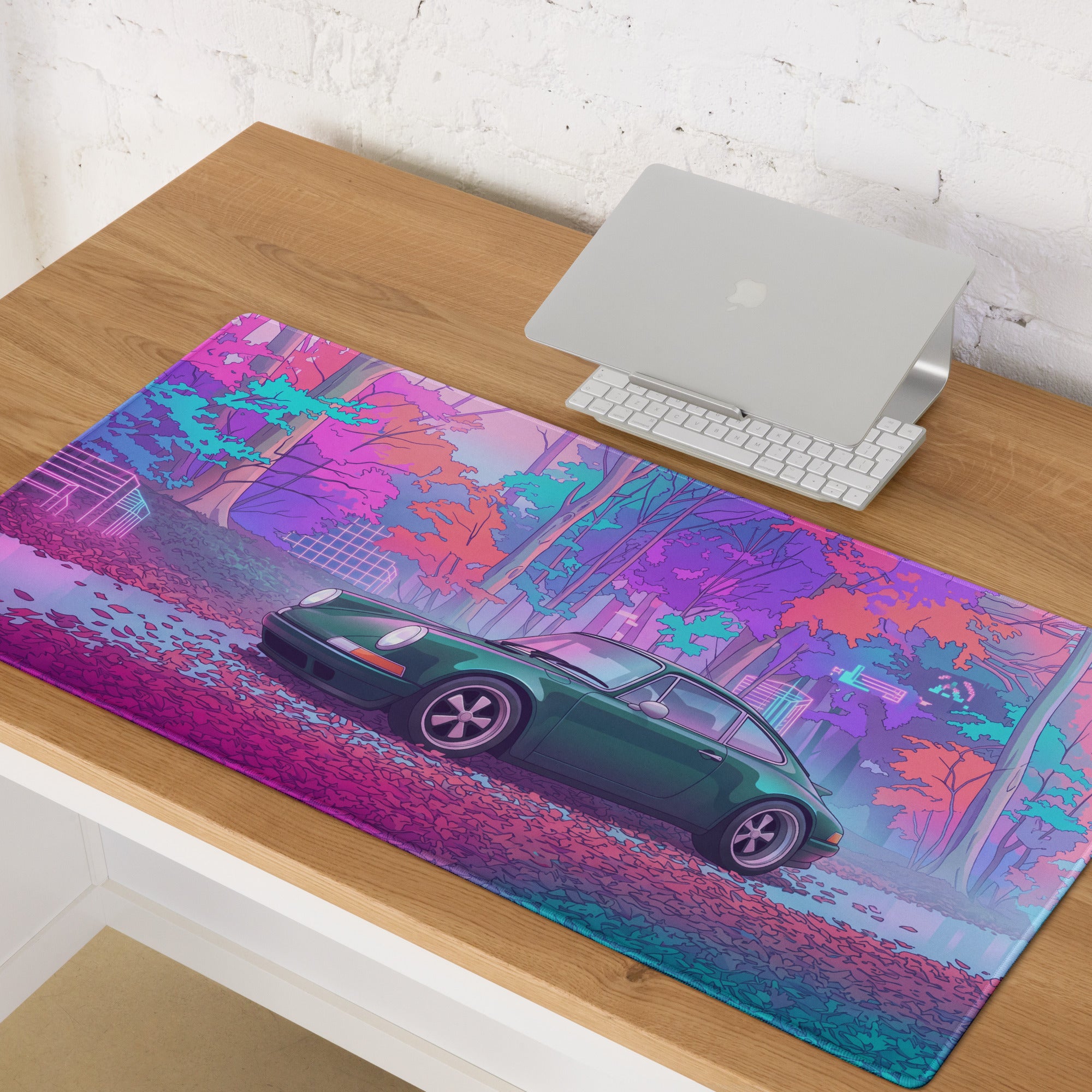 Porsche 911 964 Inspired Green Pink Vaporwave Gaming Mouse Pad, Neon Forest Desk Mat with Retro Futuristic Classic Sports Car Artwork