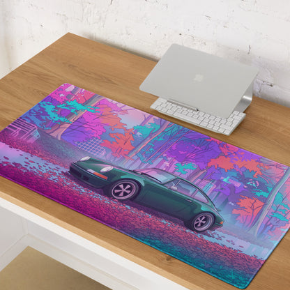 Porsche 911 964 Inspired Green Pink Vaporwave Gaming Mouse Pad, Neon Forest Desk Mat with Retro Futuristic Classic Sports Car Artwork