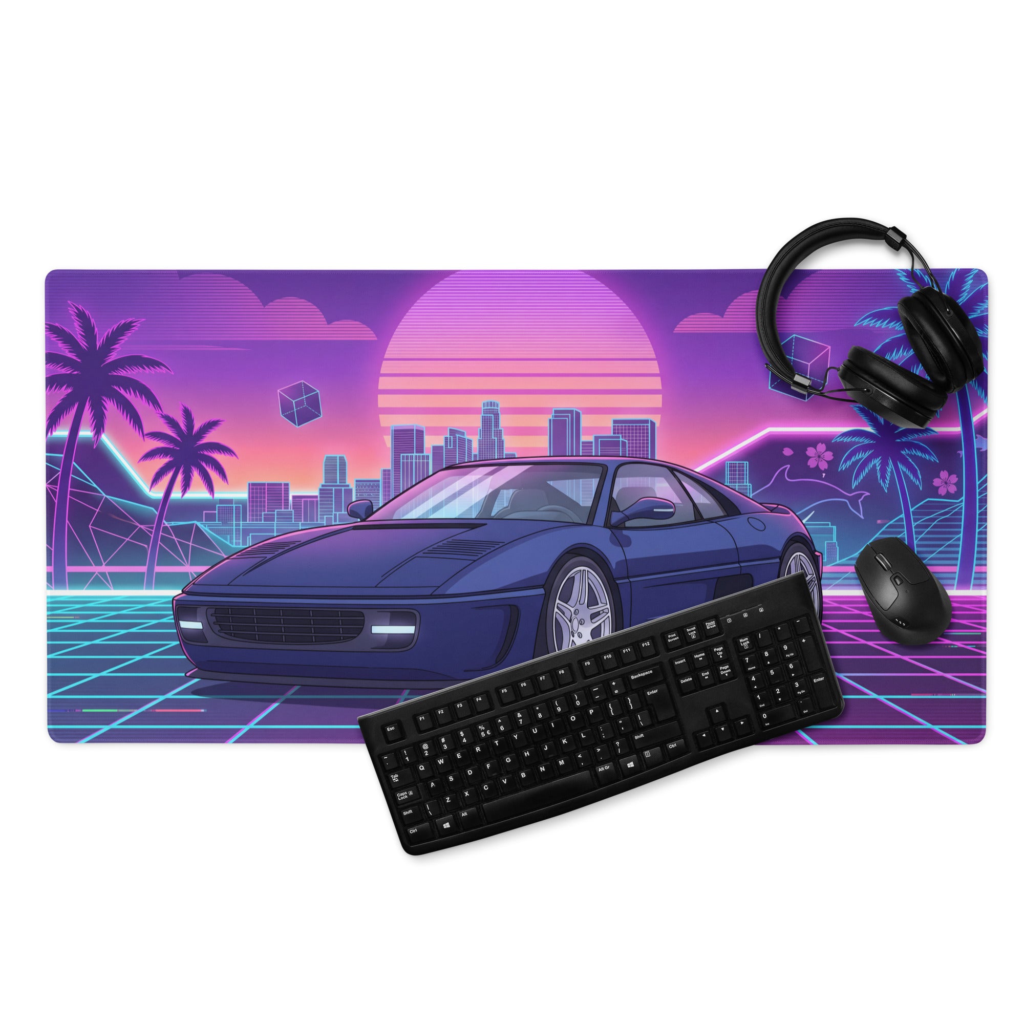 Ferrari F355 Inspired Blue Purple Vaporwave Gaming Mouse Pad, Neon Retro Sunset City Desk Mat with Futuristic Supercar Artwork