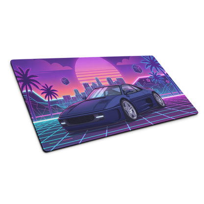 Ferrari F355 Inspired Blue Purple Vaporwave Gaming Mouse Pad, Neon Retro Sunset City Desk Mat with Futuristic Supercar Artwork