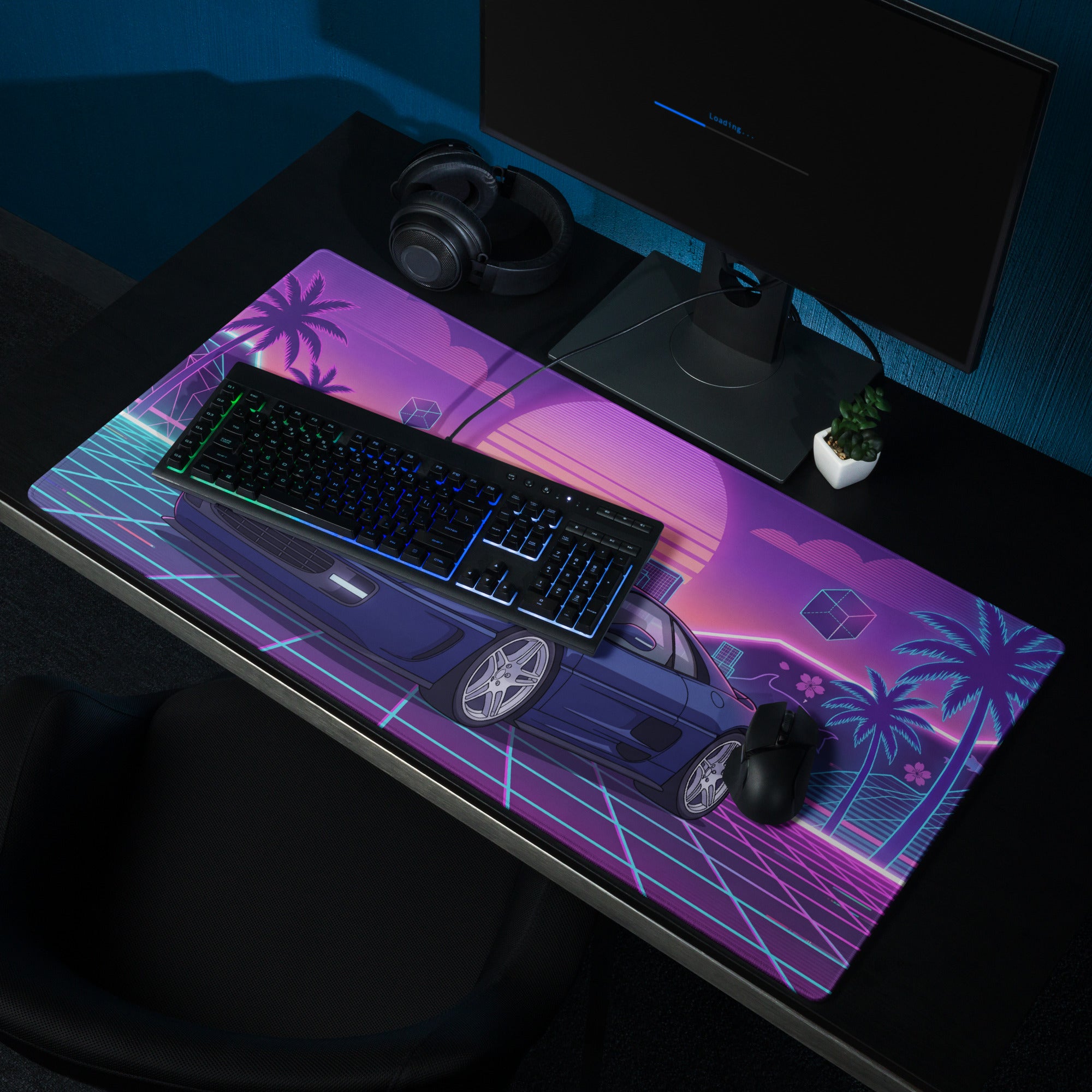 Ferrari F355 Inspired Blue Purple Vaporwave Gaming Mouse Pad, Neon Retro Sunset City Desk Mat with Futuristic Supercar Artwork
