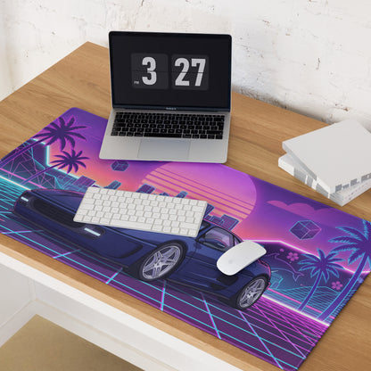 Ferrari F355 Inspired Blue Purple Vaporwave Gaming Mouse Pad, Neon Retro Sunset City Desk Mat with Futuristic Supercar Artwork