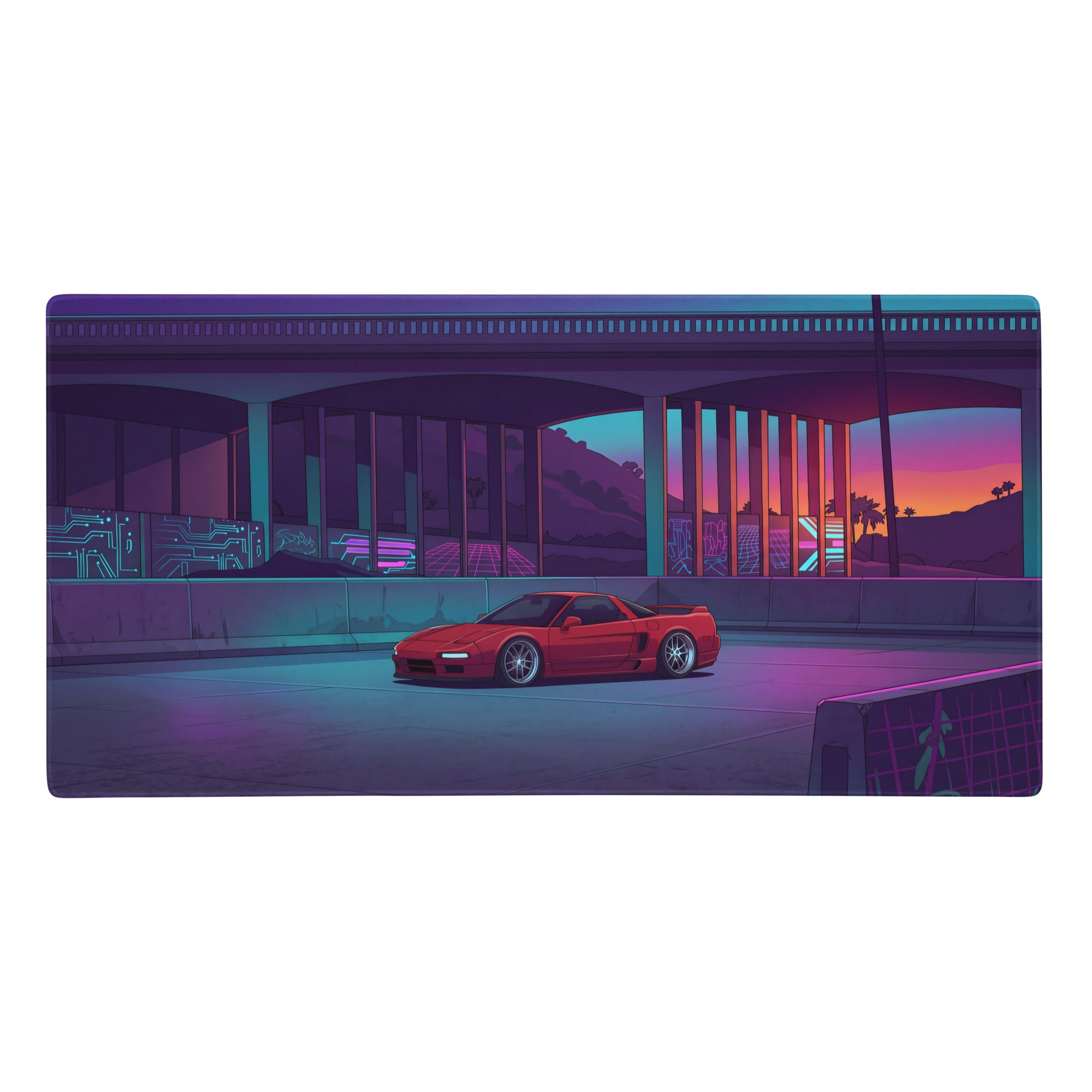 Acura nsx inspired red purple vaporwave gaming mouse pad featuring a neon retro futuristic honda nsx sports car design