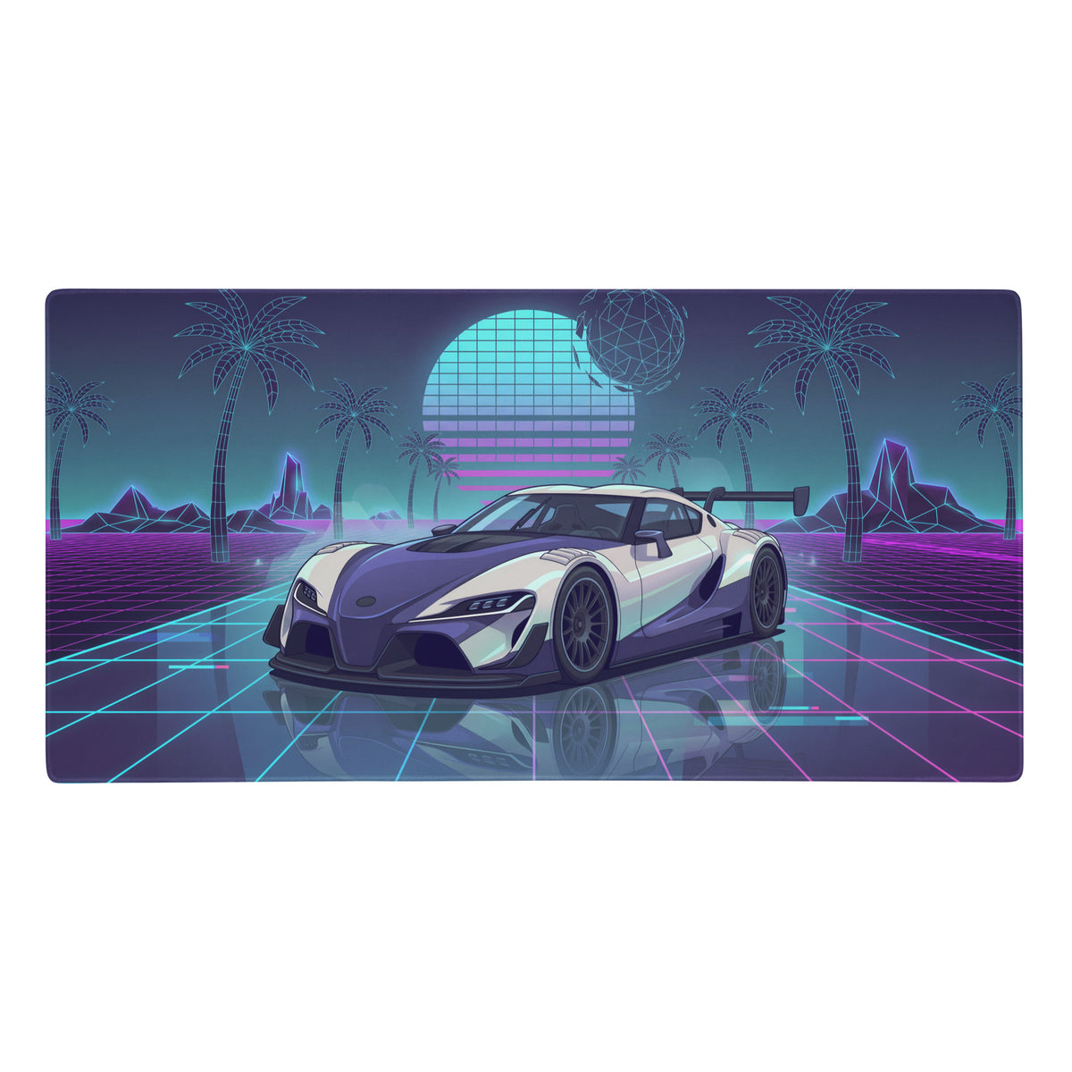 A sleek two-tone purple and white sports car on a neon retro futuristic jdm gaming mouse pad desk mat
