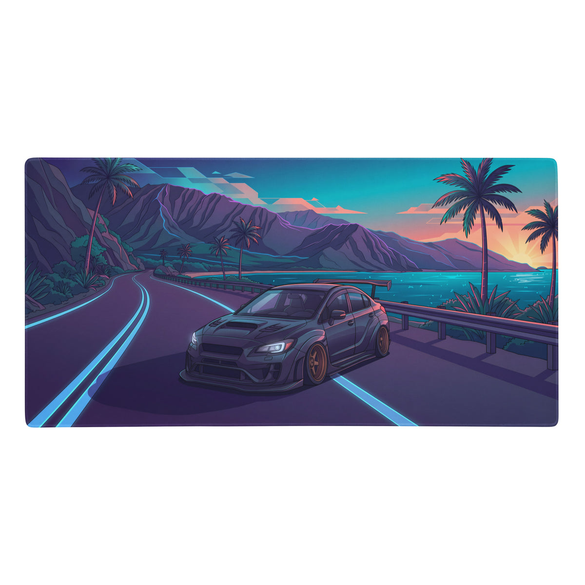 Navy blue subaru wrx sti sports car with gold rims speeding on coastal highway at sunset on vaporwave gaming mouse pad