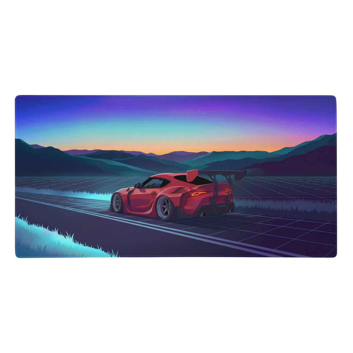 Red sports car with rear spoiler and glowing taillights illustrated on toyota gr supra a90 vaporwave gaming mouse pad