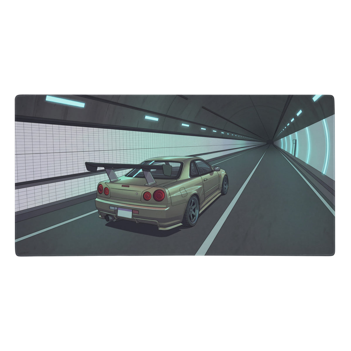 Nissan skyline gt-r r34 inspired silver blue vaporwave gaming mouse pad featuring a gold sports car in a neon tunnel