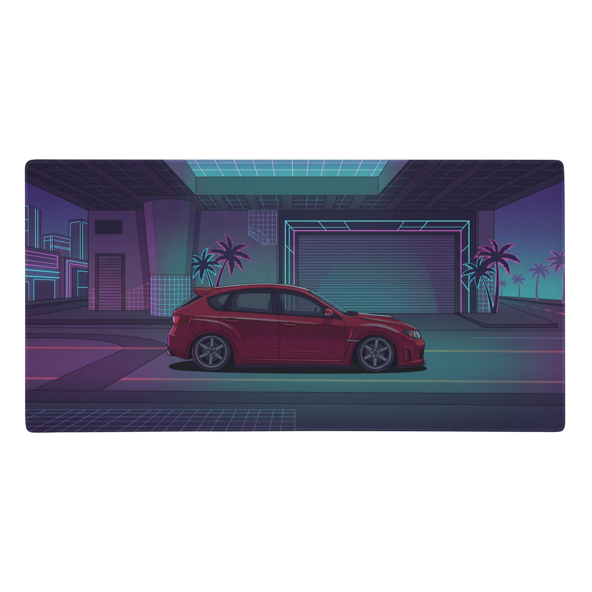 Red purple vaporwave gaming mouse pad featuring a red Subaru impreza wrx sti hatchback with neon jdm rally car design