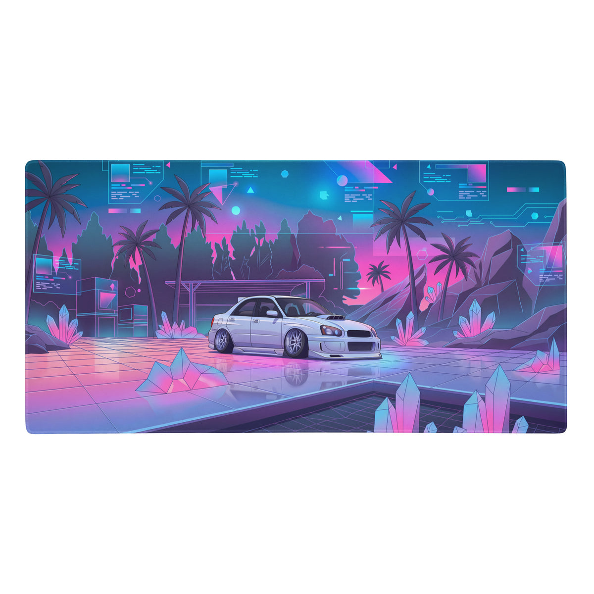 Subaru impreza wrx sti blobeye inspired white pink vaporwave gaming mouse pad with neon jdm rally car cyber artwork