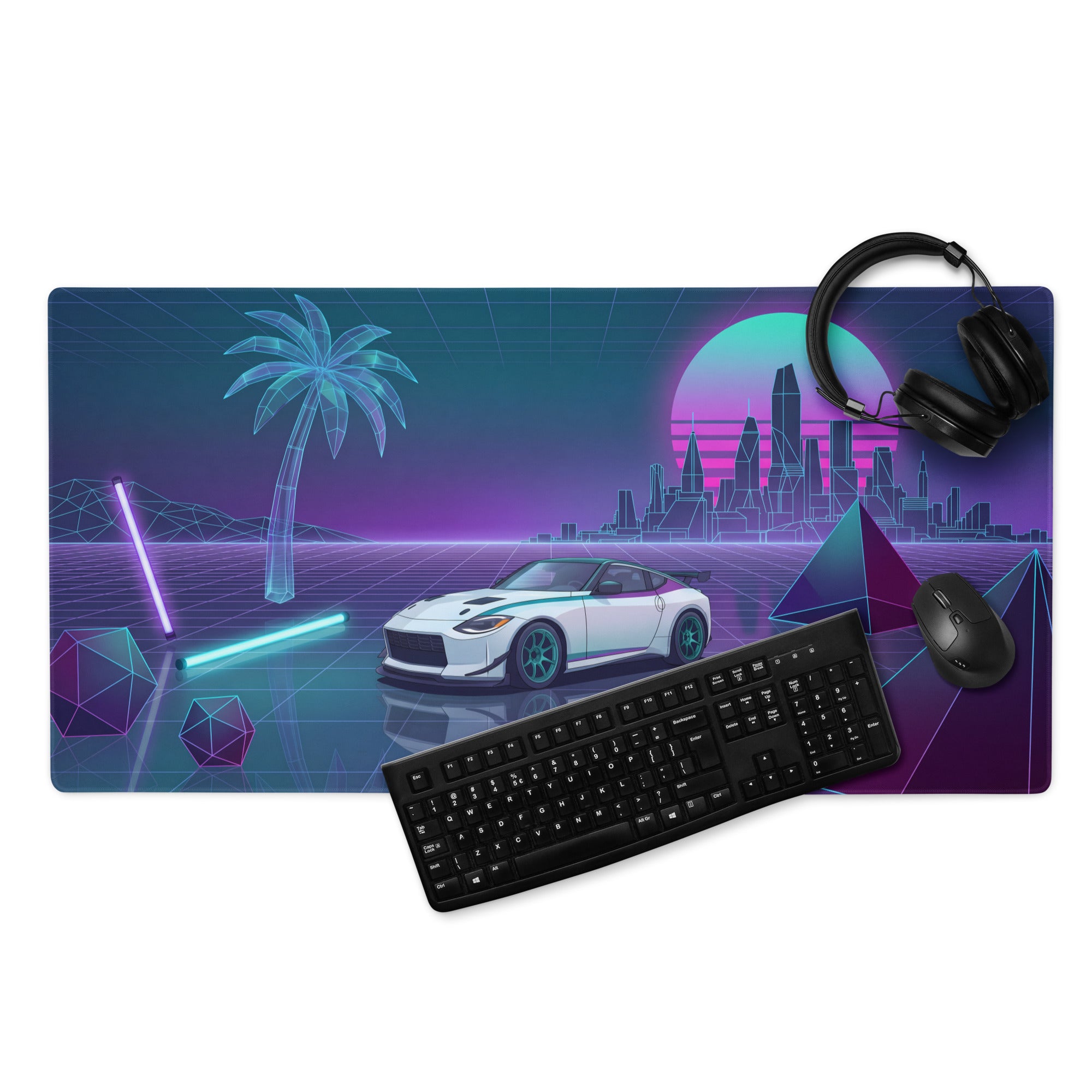 Nissan Z RZ34 Inspired White Vaporwave Gaming Mouse Pad, Neon JDM Sports Car Desk Mat with Retro Futuristic City Grid Art